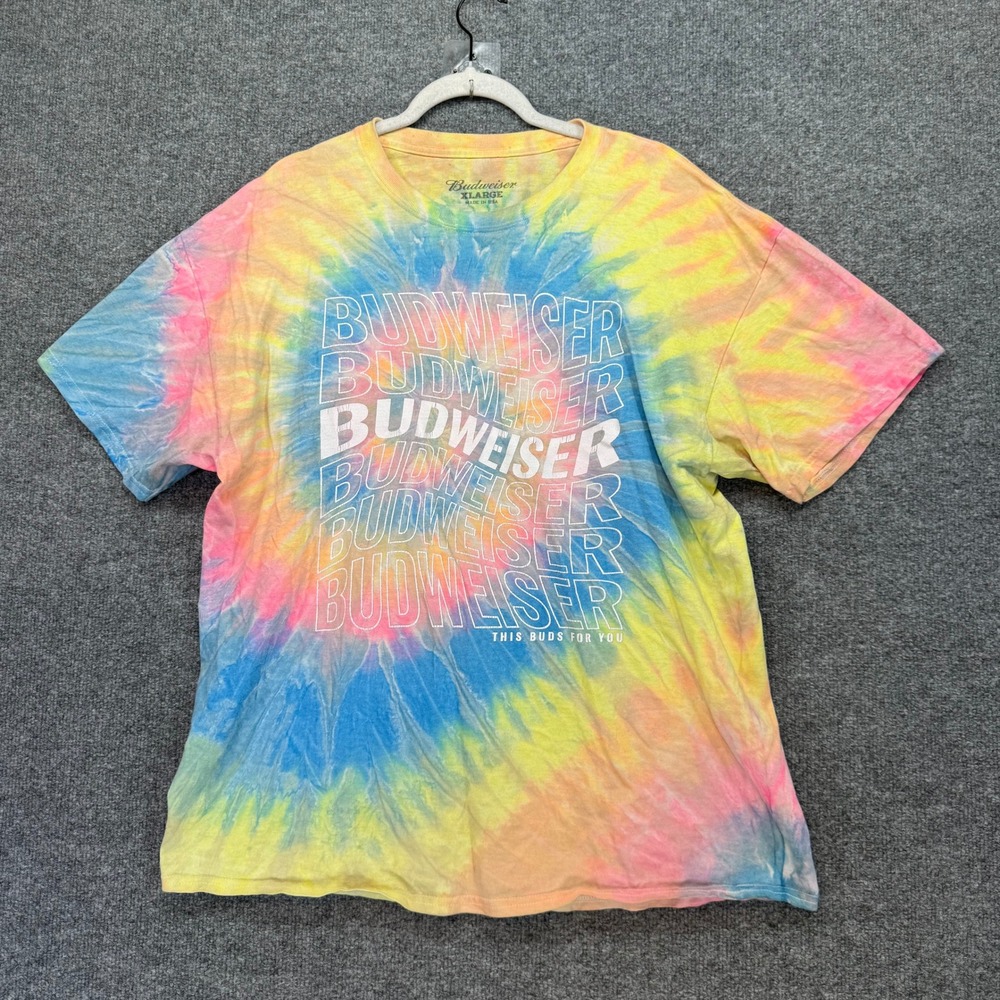 Budweiser Tshirt Men XL Multi Tie Dye Graphic Retro Beer Tee Shirt‎ MADE in USA